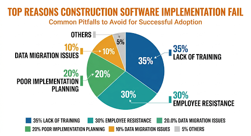 top reasons Construction Software Implementation Fail: lack of Training (35%), Employee Resistance (30%), Poor Implementation Planning (20%), Data Migration Issues (10%), others (5%)
