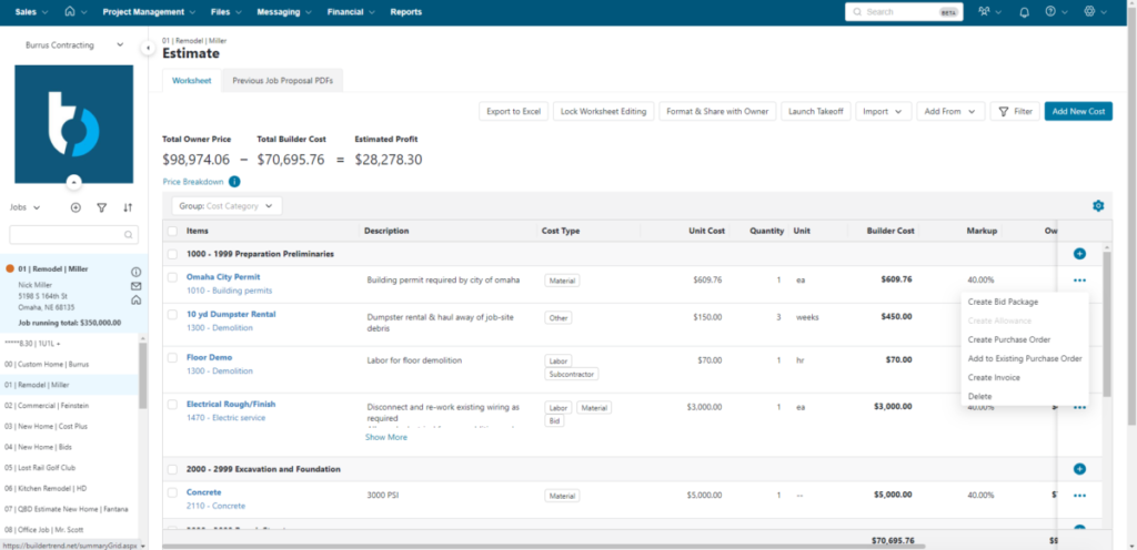 Buildertrend estimating software screen showing construction cost estimates and project budgeting features.