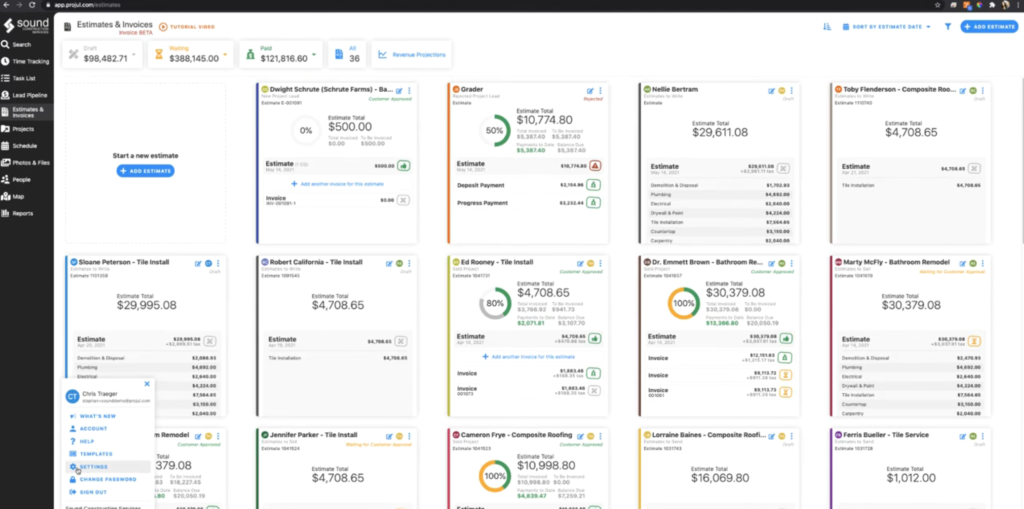 Projul construction management software dashboard displaying the project management overview, financial metrics, and job costing breakdown for a general contractor review