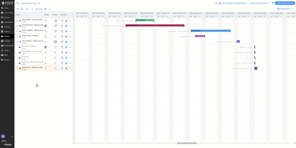 Projul interactive Gantt chart and project scheduling interface showing construction milestones, task dependencies, and drag and drop timeline adjustments